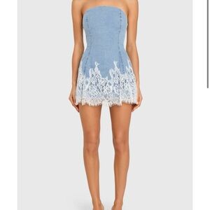 Amanda Uprichard Light Blue Strapless Denim Romper with White Lace Trim